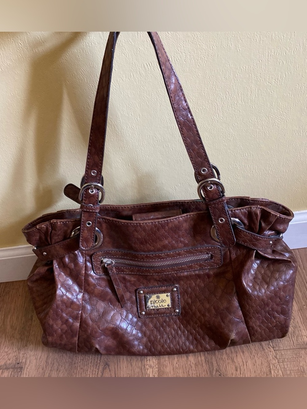 Nicole Brown Textured Shoulder Bag with Gold-Tone Accents